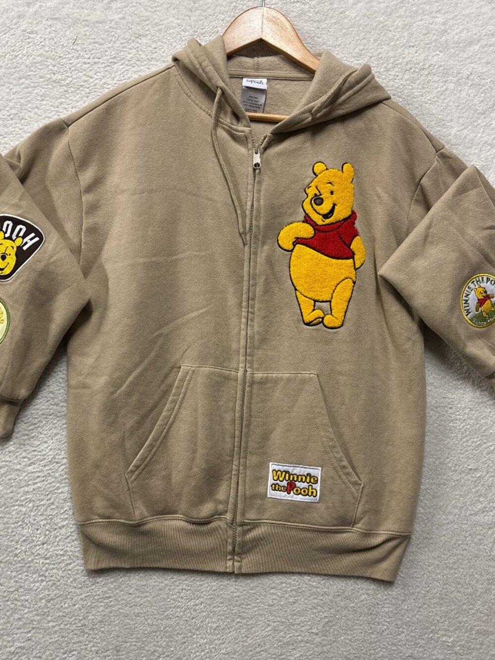 Disney Winnie The Pooh Hoodie Womens M Sand Beige Full Zip Chenille Patch Fleece